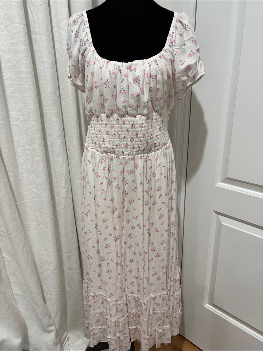 Altar'd State White Maxi Dress with Pink Floral Print